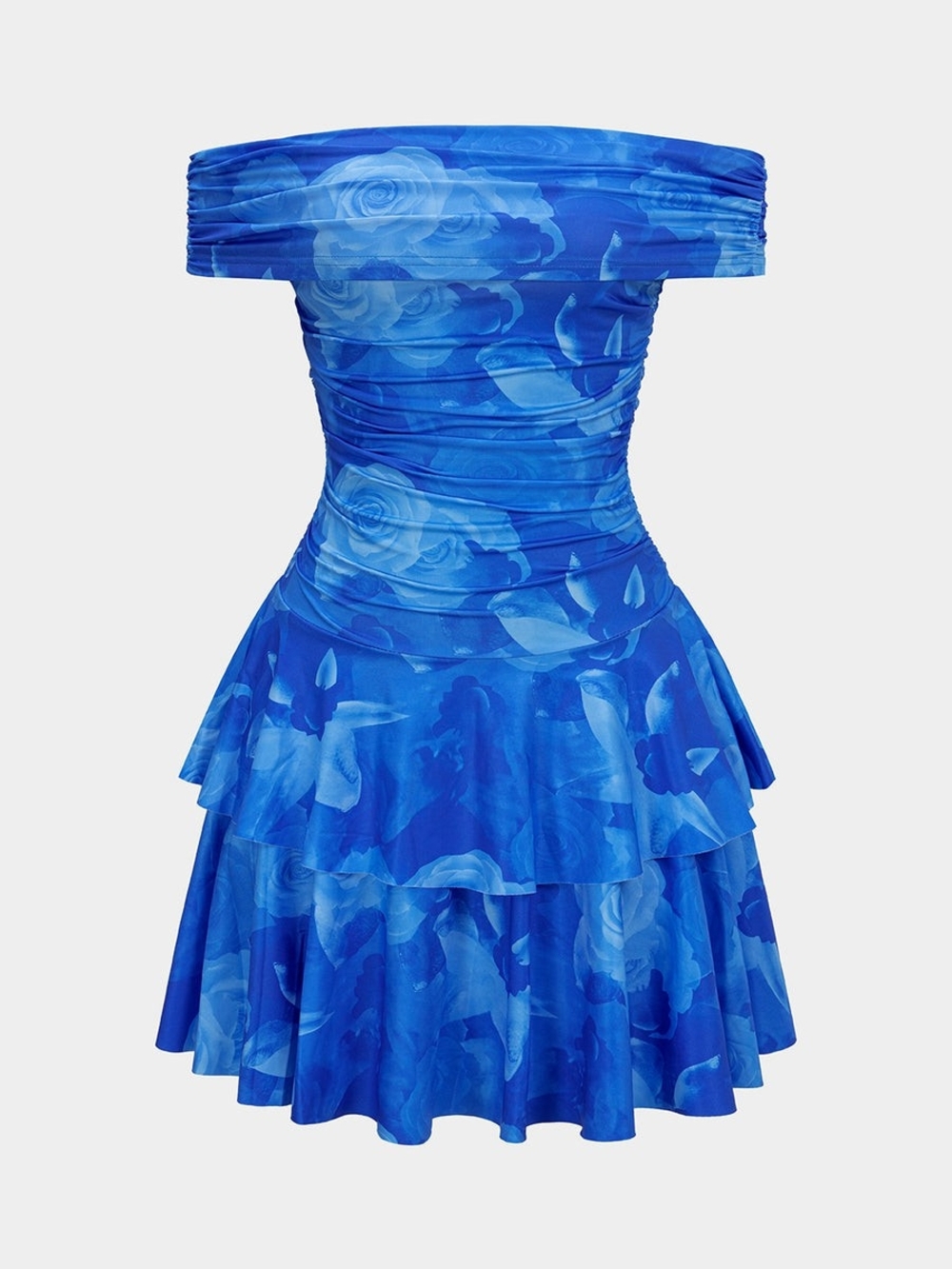 Blue Floral Off-Shoulder Tiered Mini Dress
